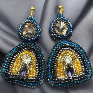 Handmade Beaded Earrings - Blue, Gold, and Rhinestone Statement Design